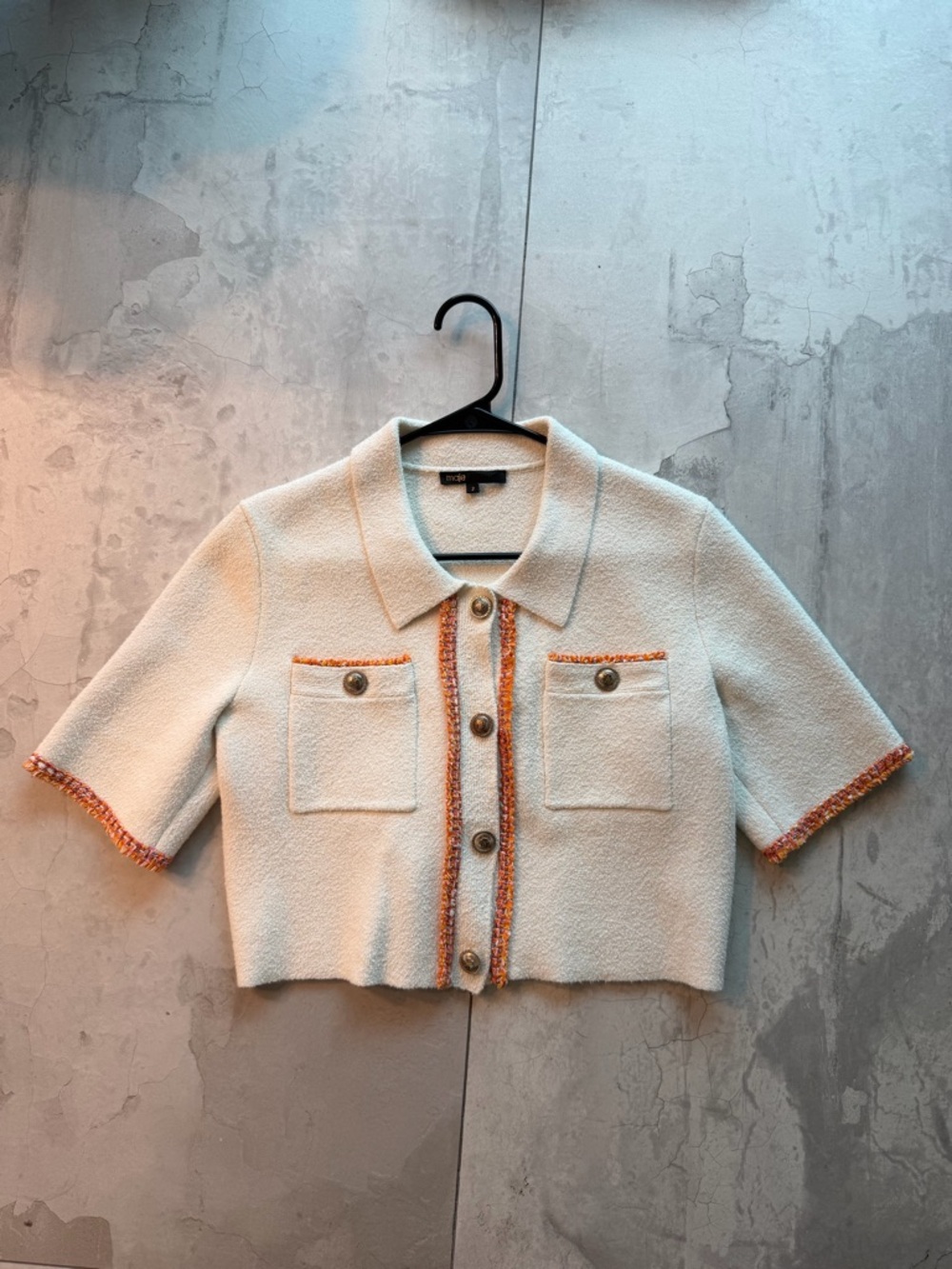 Maje Cream Bouclé Cropped Short-Sleeve Jacket with Orange Trim